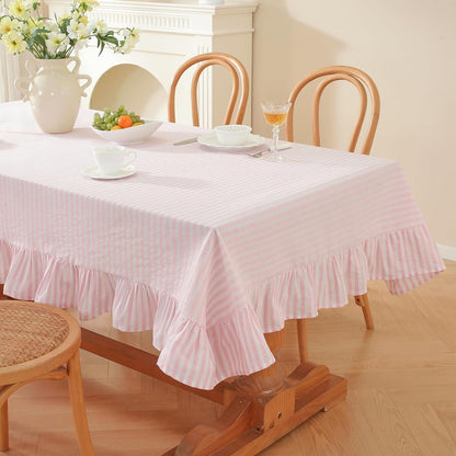 Striped Ruffled Tablecloth Square Spring Cotton Blend Stripe Table Cloth with Tassel, Farmhouse Washable Wrinkle Free Heavy Table Cover for Valentines Day Outdoor Picnic Party, Pink, 55''x55''