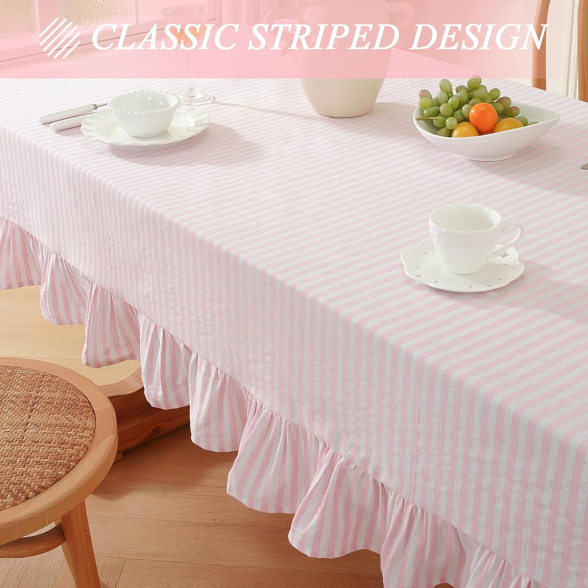 Striped Ruffled Tablecloth Square Spring Cotton Blend Stripe Table Cloth with Tassel, Farmhouse Washable Wrinkle Free Heavy Table Cover for Valentines Day Outdoor Picnic Party, Pink, 55''x55''