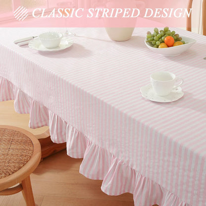 Striped Ruffled Tablecloth Square Spring Cotton Blend Stripe Table Cloth with Tassel, Farmhouse Washable Wrinkle Free Heavy Table Cover for Valentines Day Outdoor Picnic Party, Pink, 55''x55''