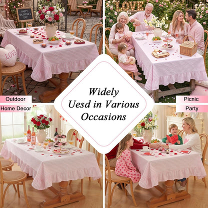 Striped Ruffled Tablecloth Square Spring Cotton Blend Stripe Table Cloth with Tassel, Farmhouse Washable Wrinkle Free Heavy Table Cover for Valentines Day Outdoor Picnic Party, Pink, 55''x55''