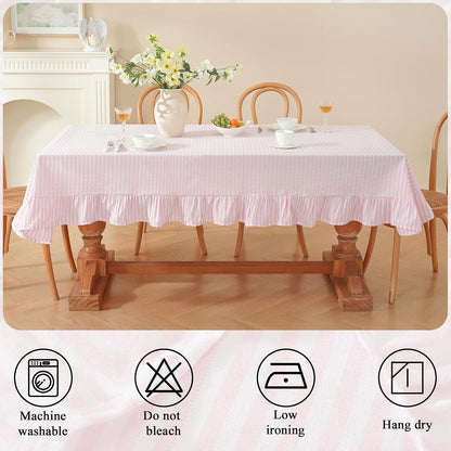 Striped Ruffled Tablecloth Square Spring Cotton Blend Stripe Table Cloth with Tassel, Farmhouse Washable Wrinkle Free Heavy Table Cover for Valentines Day Outdoor Picnic Party, Pink, 55''x55''