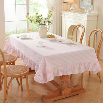 Striped Ruffled Tablecloth Square Spring Cotton Blend Stripe Table Cloth with Tassel, Farmhouse Washable Wrinkle Free Heavy Table Cover for Valentines Day Outdoor Picnic Party, Pink, 55''x55''