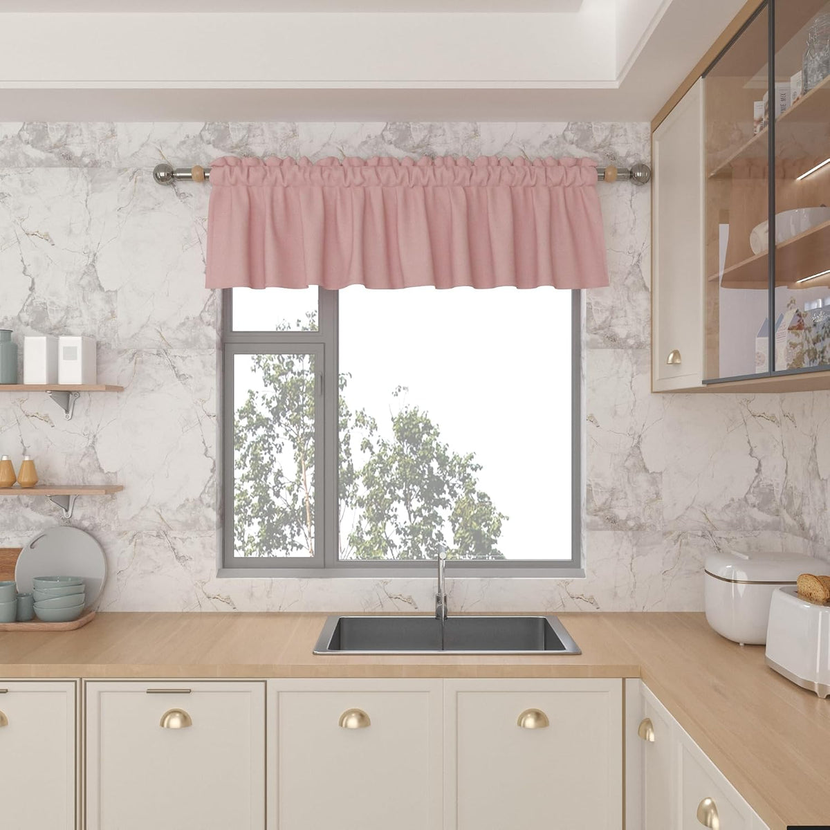 Small Tiers 1 Piece Faux Linen Textured Pink Kitchen Short Small Mini Window Curtains Valance 16 inches Length Privacy Home Decor Classic Cafe Basement Living Room/Bedroom 52W by 16L Rod Pocket