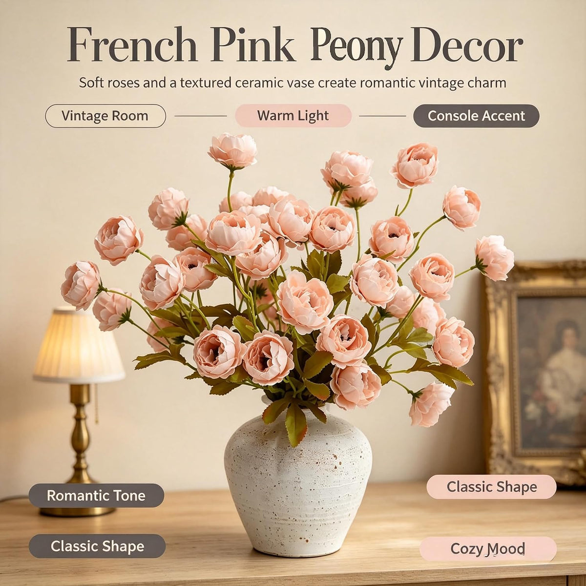 LADADA 4 Pcs 27" Faux Peony Stems, Bulk Floral Arrangements （Pink）