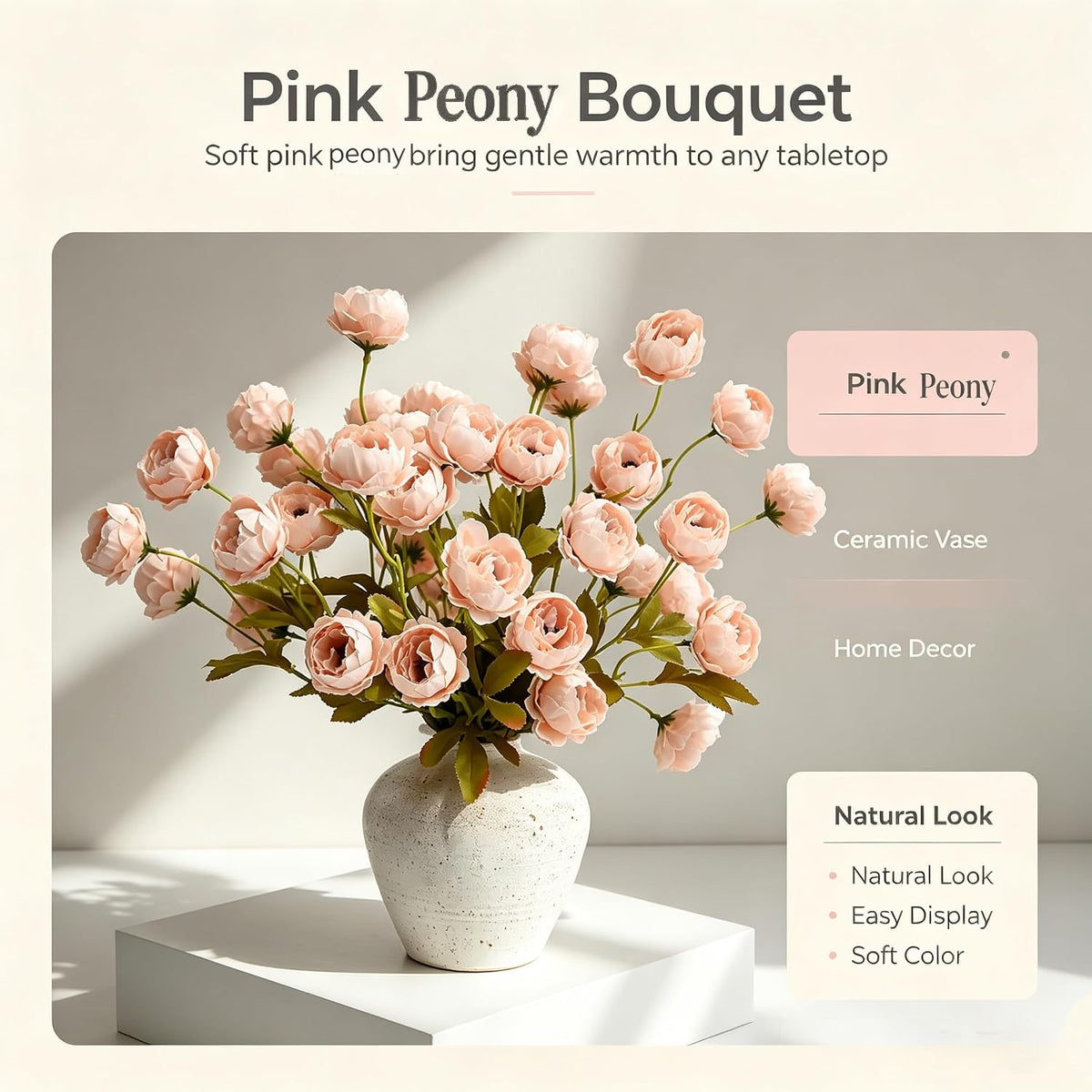 LADADA 4 Pcs 27" Faux Peony Stems, Bulk Floral Arrangements （Pink）