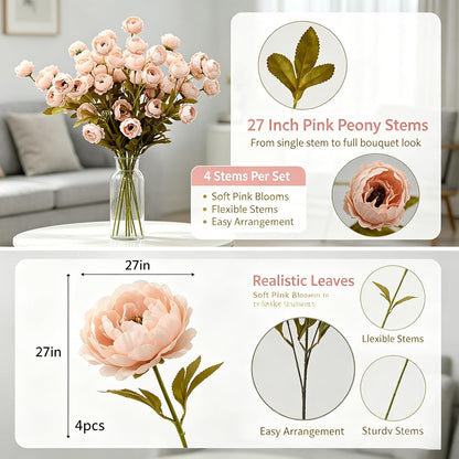 LADADA 4 Pcs 27" Faux Peony Stems, Bulk Floral Arrangements （Pink）