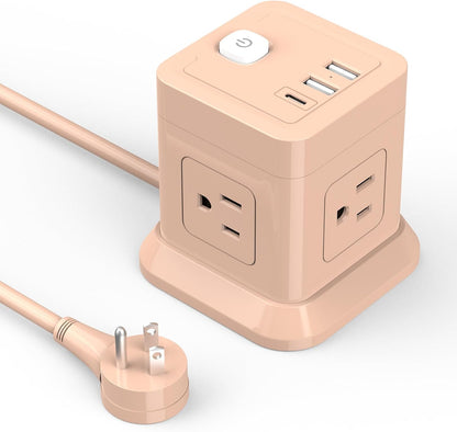 Cube Power Strip with USB C, 4 Outlets 3 USB 5 FT Extension Cord Pink