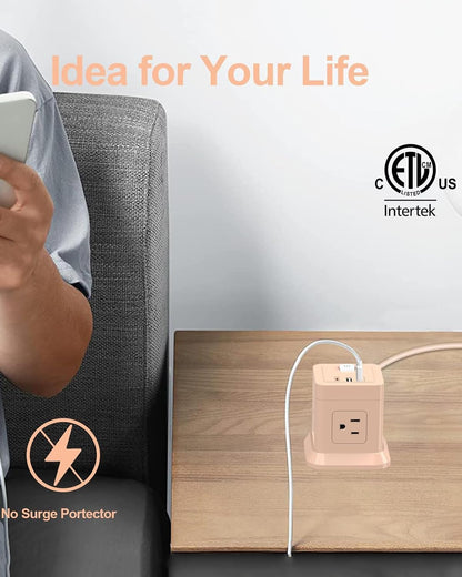 Cube Power Strip with USB C, 4 Outlets 3 USB 5 FT Extension Cord Pink