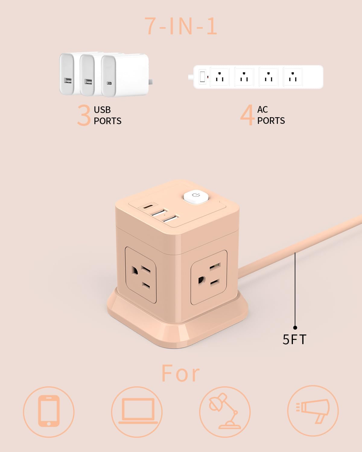 Cube Power Strip with USB C, 4 Outlets 3 USB 5 FT Extension Cord Pink