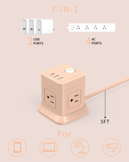 Cube Power Strip with USB C, 4 Outlets 3 USB 5 FT Extension Cord Pink