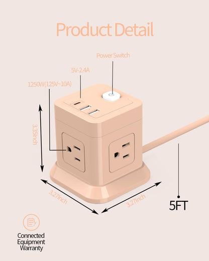Cube Power Strip with USB C, 4 Outlets 3 USB 5 FT Extension Cord Pink