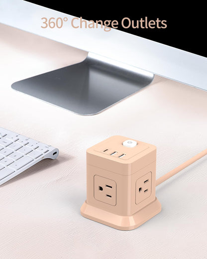 Cube Power Strip with USB C, 4 Outlets 3 USB 5 FT Extension Cord Pink