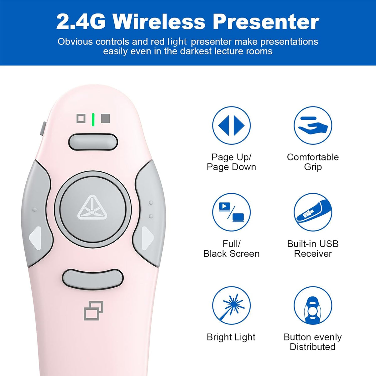 Presentation Clicker Wireless Presenter Remote, Pink, A-C