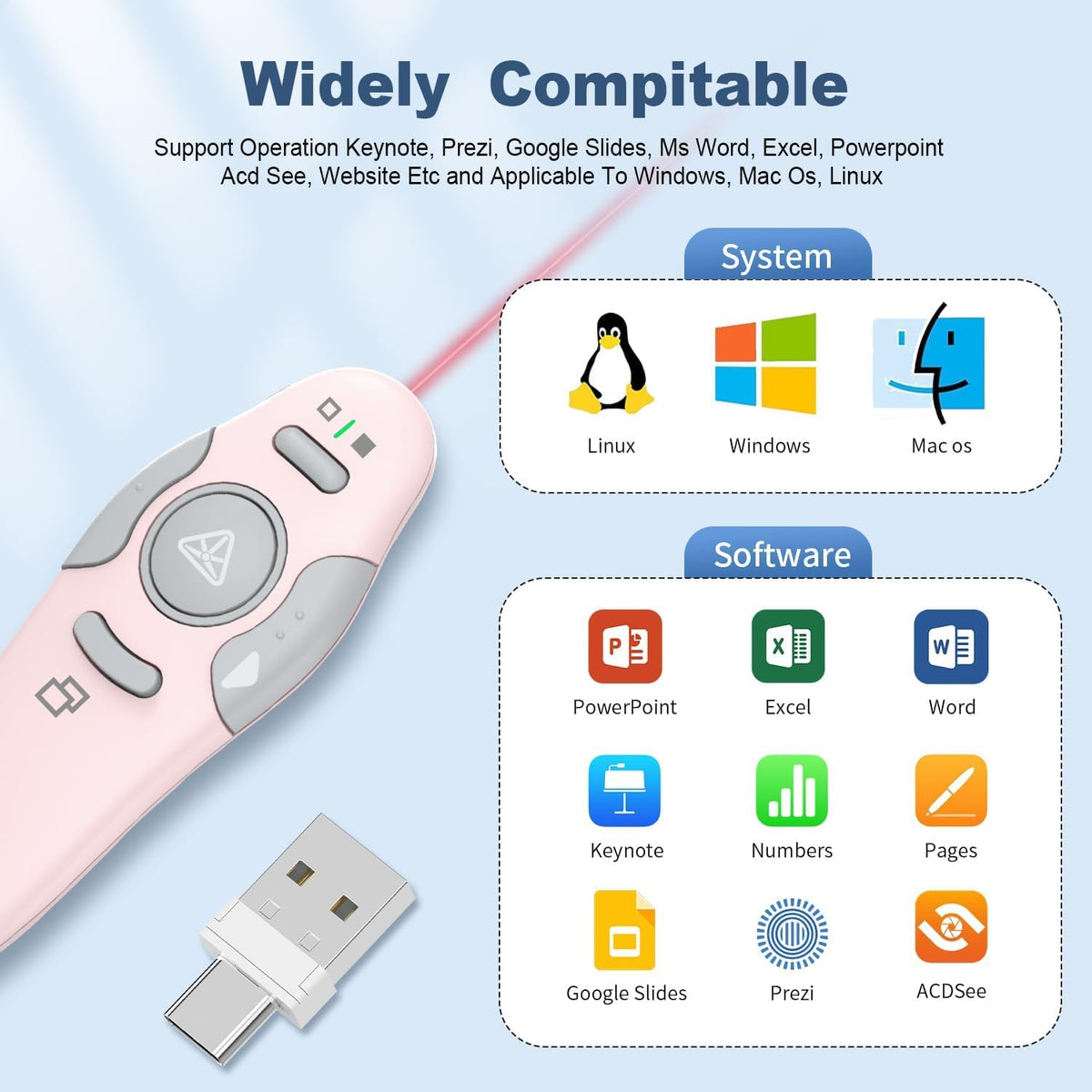 Presentation Clicker Wireless Presenter Remote, Pink, A-C