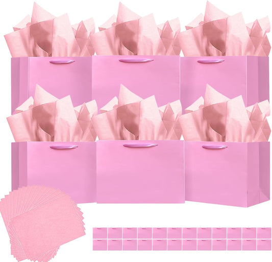 24PCS Pink Gift Bags with Ribbon Handles 9.6"x7.9"x4.3" Medium Size Gift Bags (Tissue Paper included, Medium Wide)