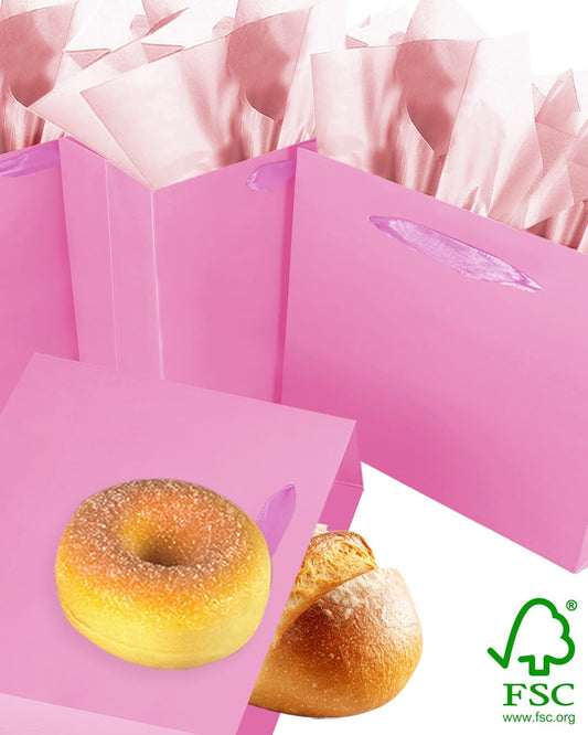 24PCS Pink Gift Bags with Ribbon Handles 9.6"x7.9"x4.3" Medium Size Gift Bags (Tissue Paper included, Medium Wide)
