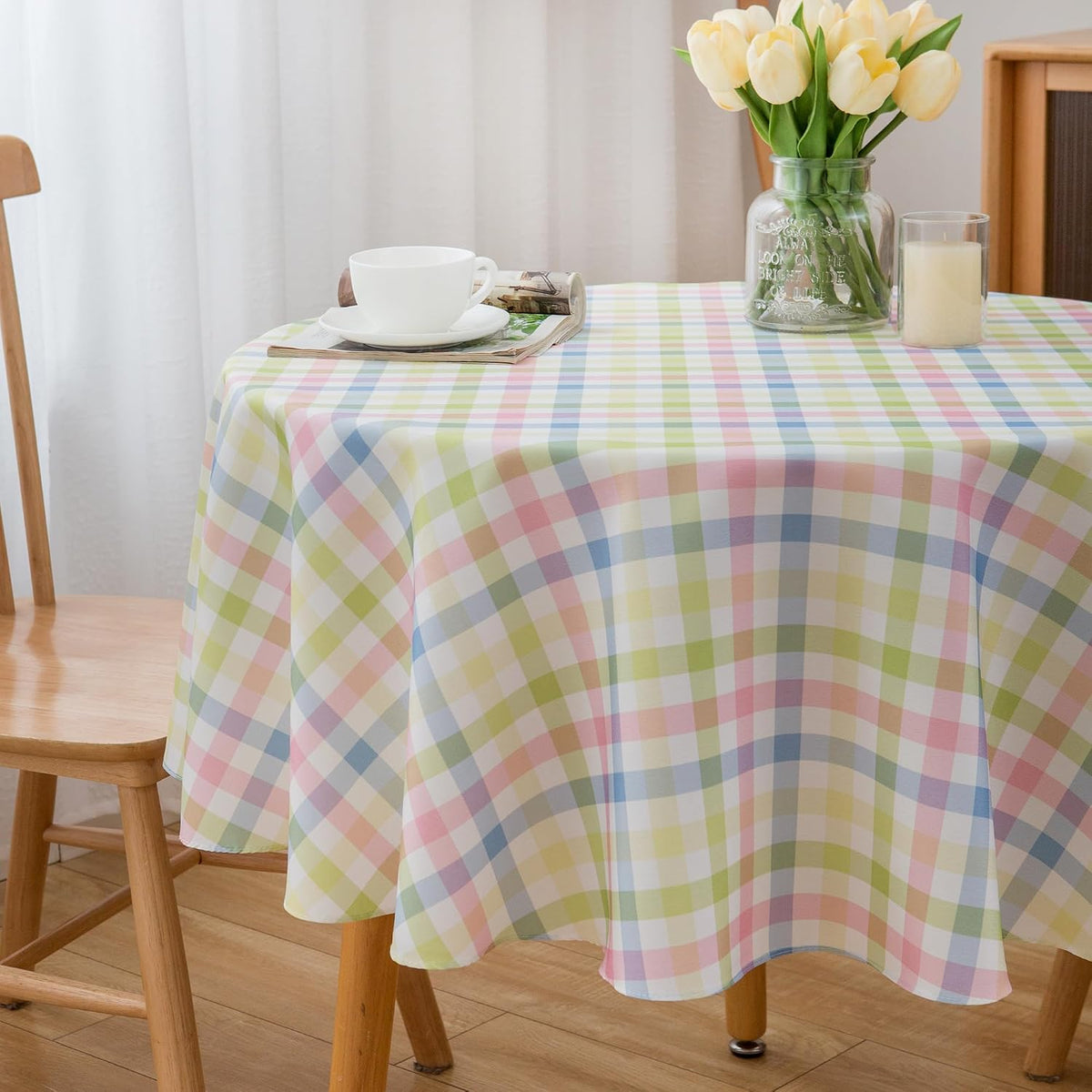 Easter 60 Inch Round Tablecloth Spring Pink Green Blue White Pastel Buffalo Check Plaid Rustic Table Cloth - Polyester Table Cover Reusable Water Resistant for Summer Holiday Party Picnic Décor