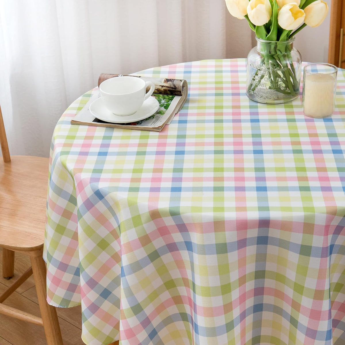 Easter 60 Inch Round Tablecloth Spring Pink Green Blue White Pastel Buffalo Check Plaid Rustic Table Cloth - Polyester Table Cover Reusable Water Resistant for Summer Holiday Party Picnic Décor
