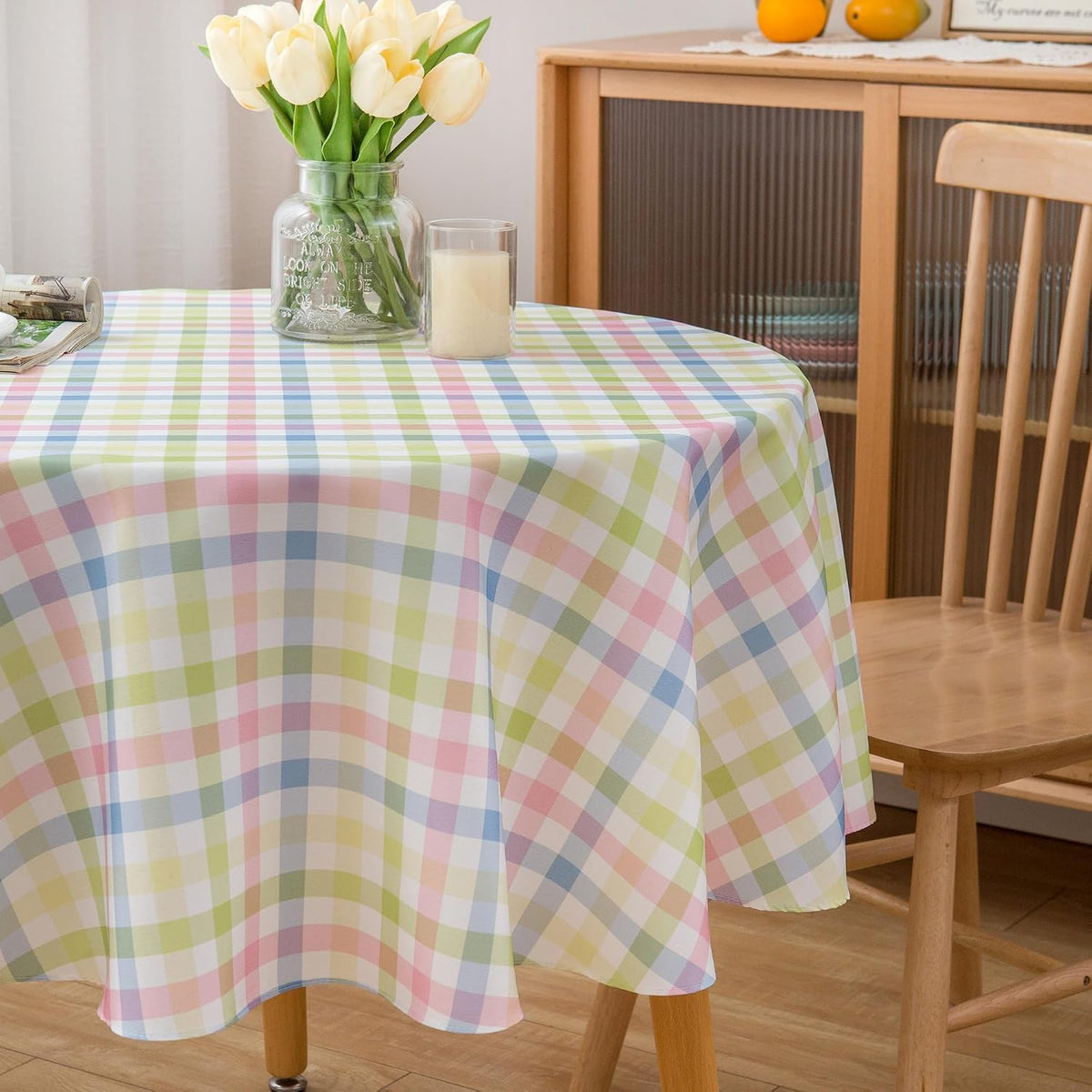 Easter 60 Inch Round Tablecloth Spring Pink Green Blue White Pastel Buffalo Check Plaid Rustic Table Cloth - Polyester Table Cover Reusable Water Resistant for Summer Holiday Party Picnic Décor