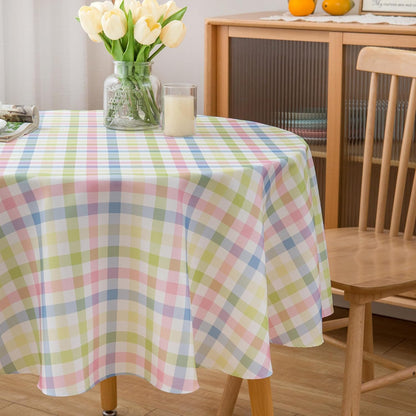 Easter 60 Inch Round Tablecloth Spring Pink Green Blue White Pastel Buffalo Check Plaid Rustic Table Cloth - Polyester Table Cover Reusable Water Resistant for Summer Holiday Party Picnic Décor