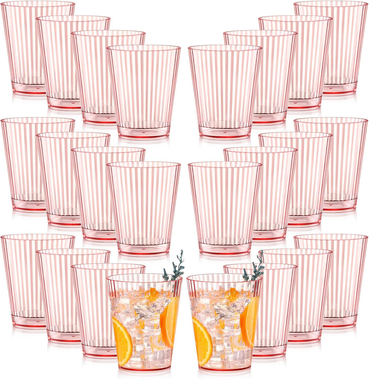 24 PCS Plastic Ribbed Drinking Glasses Pink 10oz Vintage Ripple Stemless Wine Glasses Cocktail Tumbler Glass Cups Disposable Retro Glasses Drinkware for Valentine Baby Shower Wedding