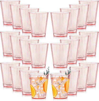 24 PCS Plastic Ribbed Drinking Glasses Pink 10oz Vintage Ripple Stemless Wine Glasses Cocktail Tumbler Glass Cups Disposable Retro Glasses Drinkware for Valentine Baby Shower Wedding