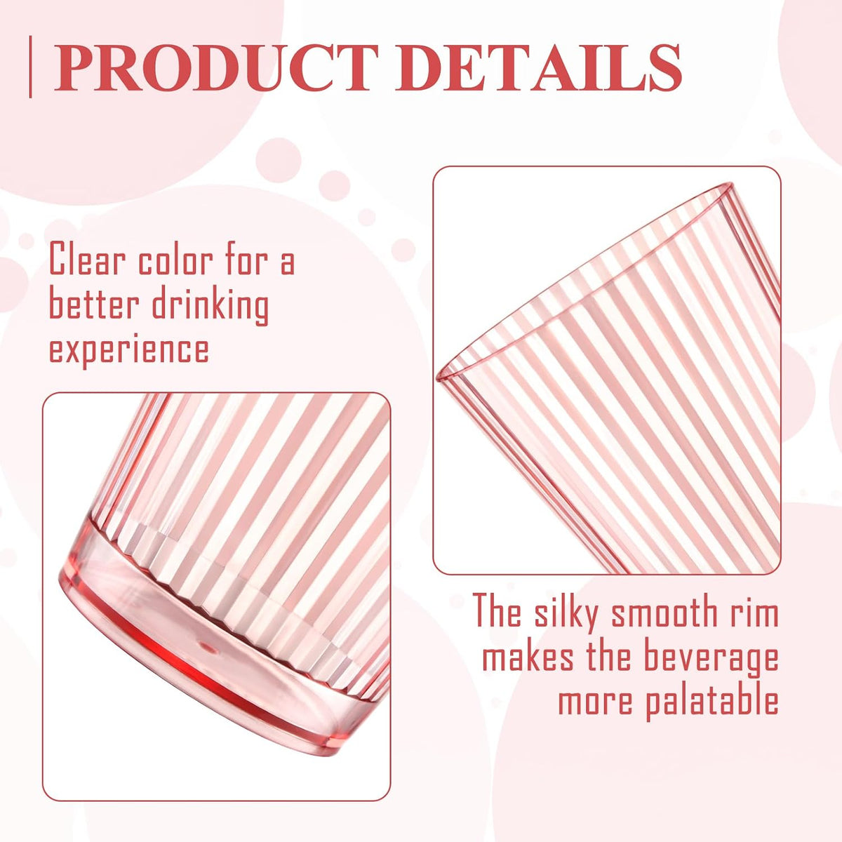 24 PCS Plastic Ribbed Drinking Glasses Pink 10oz Vintage Ripple Stemless Wine Glasses Cocktail Tumbler Glass Cups Disposable Retro Glasses Drinkware for Valentine Baby Shower Wedding