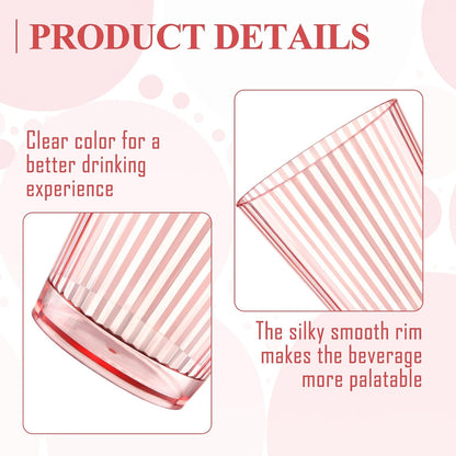 24 PCS Plastic Ribbed Drinking Glasses Pink 10oz Vintage Ripple Stemless Wine Glasses Cocktail Tumbler Glass Cups Disposable Retro Glasses Drinkware for Valentine Baby Shower Wedding