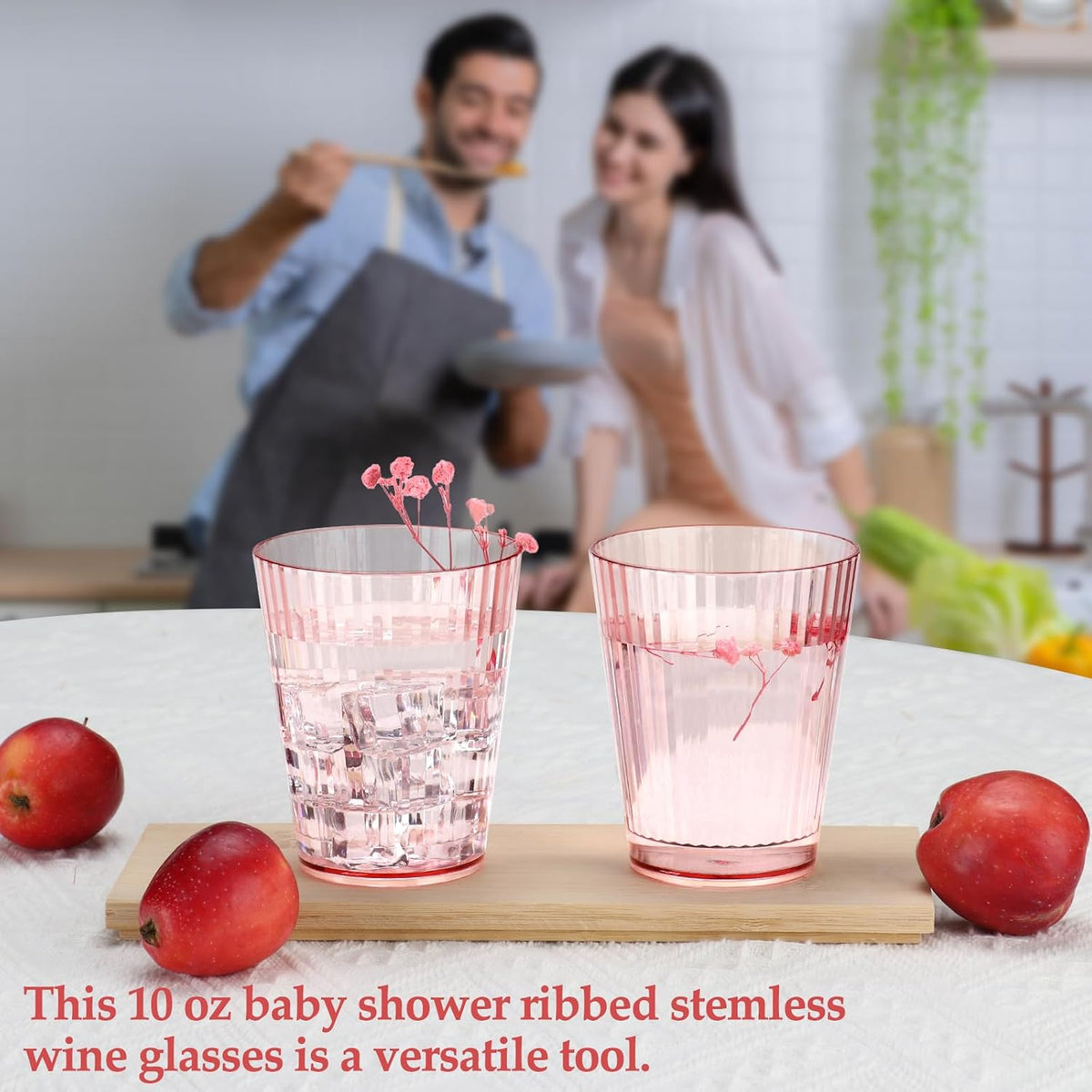 24 PCS Plastic Ribbed Drinking Glasses Pink 10oz Vintage Ripple Stemless Wine Glasses Cocktail Tumbler Glass Cups Disposable Retro Glasses Drinkware for Valentine Baby Shower Wedding