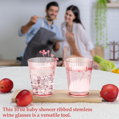 24 PCS Plastic Ribbed Drinking Glasses Pink 10oz Vintage Ripple Stemless Wine Glasses Cocktail Tumbler Glass Cups Disposable Retro Glasses Drinkware for Valentine Baby Shower Wedding