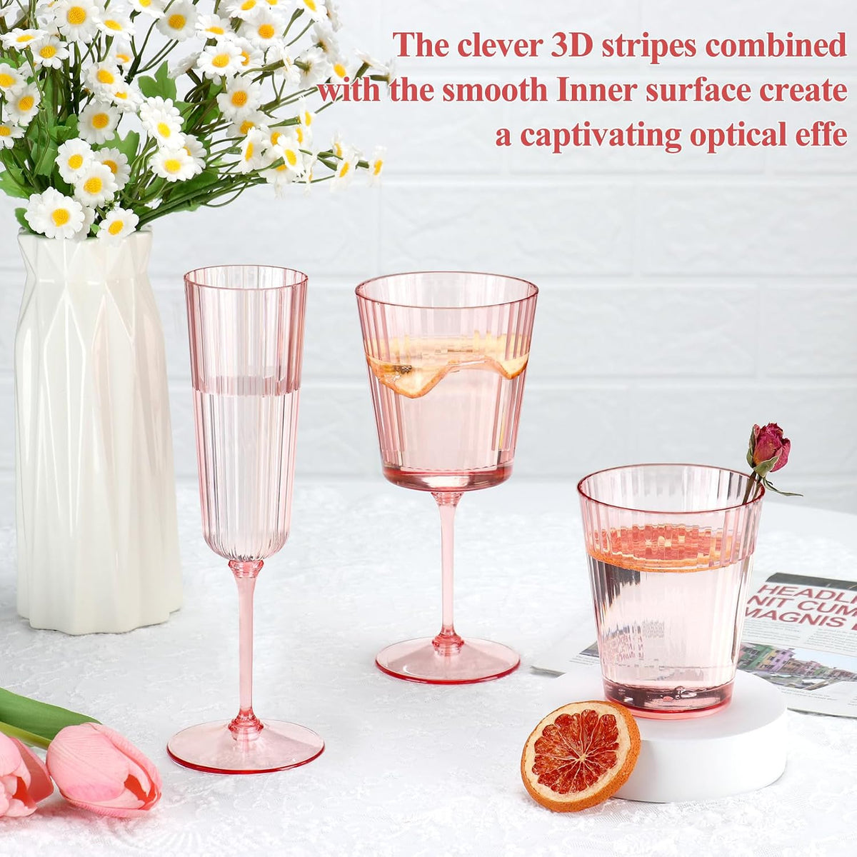 24 PCS Plastic Ribbed Drinking Glasses Pink 10oz Vintage Ripple Stemless Wine Glasses Cocktail Tumbler Glass Cups Disposable Retro Glasses Drinkware for Valentine Baby Shower Wedding