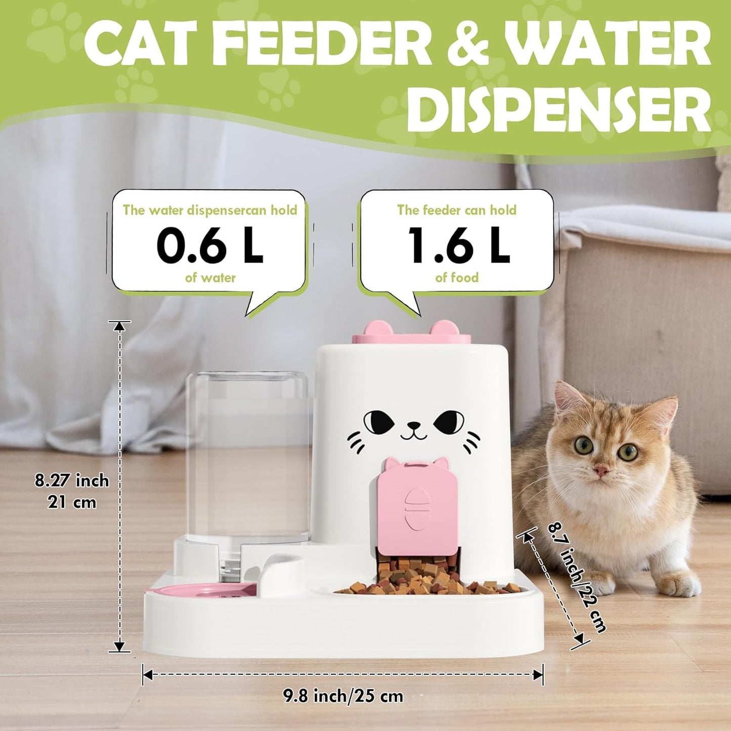 1.6L Auto Gravity Pet Feeder and 0.6L Water Dispenser Set, Automatic Cat Food and Water Dispenser, Gravity Pet Feeder for Small Medium Dog Puppy Cat Kitten (Pink)