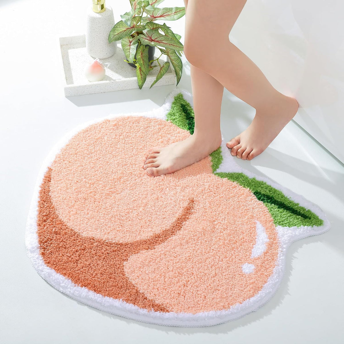 Pink Peach Bath Mat, Bath Mats for Bathroom Fruit Shaped Bathtub Rug Bathroom Tub Plush Shower Rugs Washable Non Slip