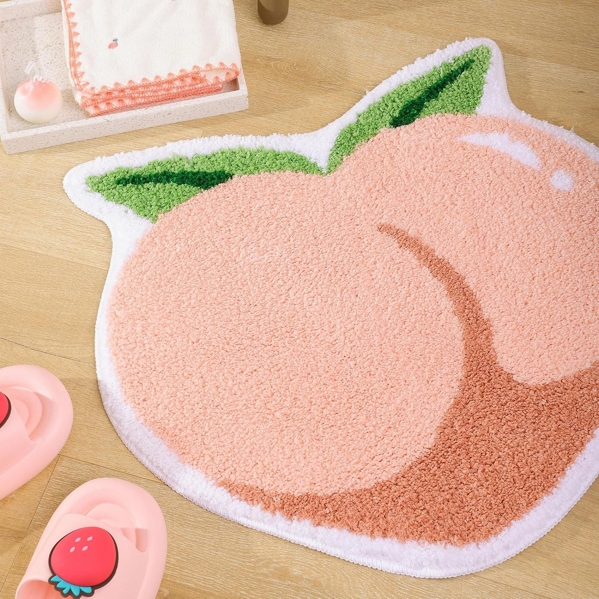 Pink Peach Bath Mat, Bath Mats for Bathroom Fruit Shaped Bathtub Rug Bathroom Tub Plush Shower Rugs Washable Non Slip