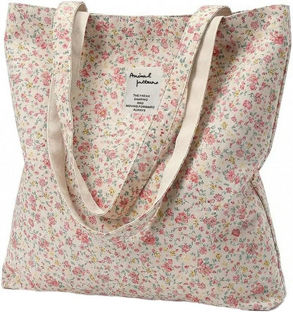Cotton Canvas Tote Bag for Women Reusable Lightweight Floral Shoulder Bag for Daily Use Shopping Beach or Travel A074