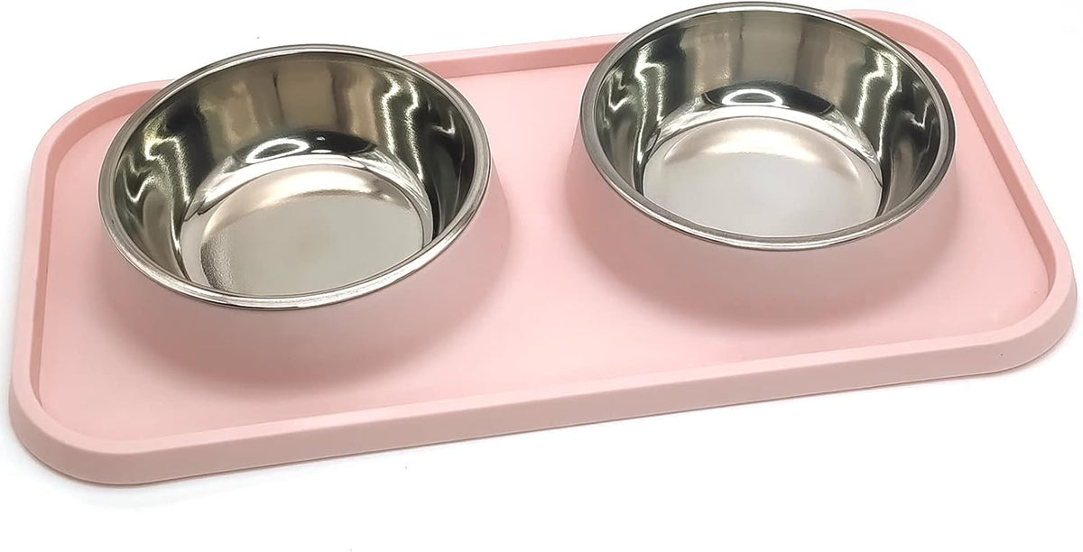 Double Dog Food Bowls Stainless Steel Dog Food and Water Bowls with Non-Spill Plastic Mat Pet Cat Feeder Bowl Set for Puppy Cats Kitten Small Medium Dogs Pink