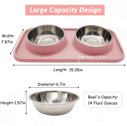 Double Dog Food Bowls Stainless Steel Dog Food and Water Bowls with Non-Spill Plastic Mat Pet Cat Feeder Bowl Set for Puppy Cats Kitten Small Medium Dogs Pink