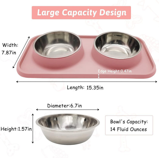 Double Dog Food Bowls Stainless Steel Dog Food and Water Bowls with Non-Spill Plastic Mat Pet Cat Feeder Bowl Set for Puppy Cats Kitten Small Medium Dogs Pink