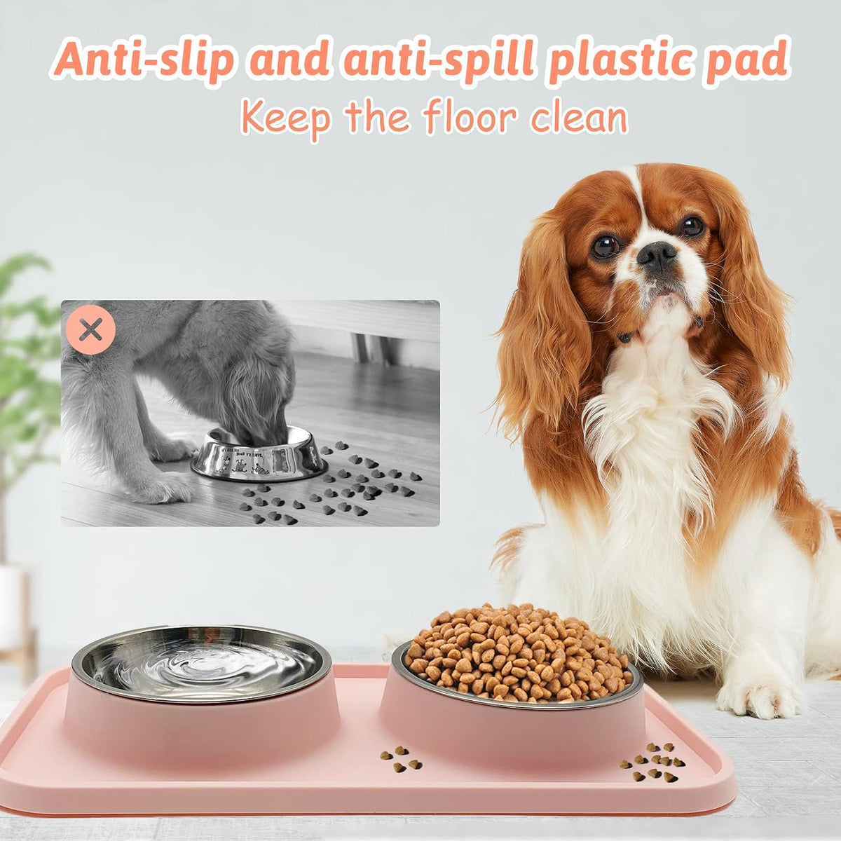 Double Dog Food Bowls Stainless Steel Dog Food and Water Bowls with Non-Spill Plastic Mat Pet Cat Feeder Bowl Set for Puppy Cats Kitten Small Medium Dogs Pink