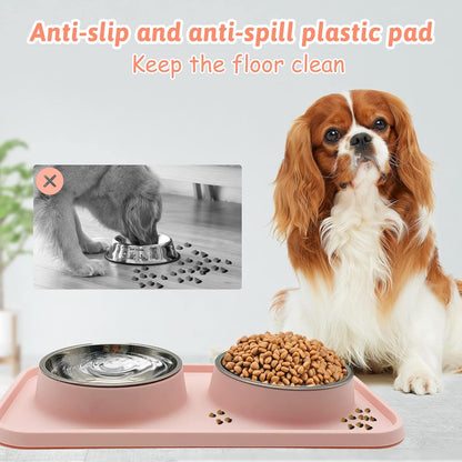 Double Dog Food Bowls Stainless Steel Dog Food and Water Bowls with Non-Spill Plastic Mat Pet Cat Feeder Bowl Set for Puppy Cats Kitten Small Medium Dogs Pink