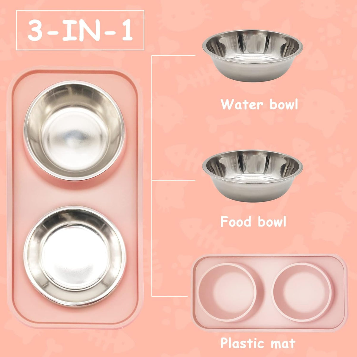 Double Dog Food Bowls Stainless Steel Dog Food and Water Bowls with Non-Spill Plastic Mat Pet Cat Feeder Bowl Set for Puppy Cats Kitten Small Medium Dogs Pink