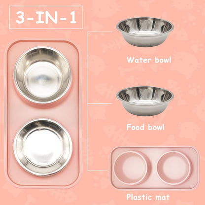 Double Dog Food Bowls Stainless Steel Dog Food and Water Bowls with Non-Spill Plastic Mat Pet Cat Feeder Bowl Set for Puppy Cats Kitten Small Medium Dogs Pink