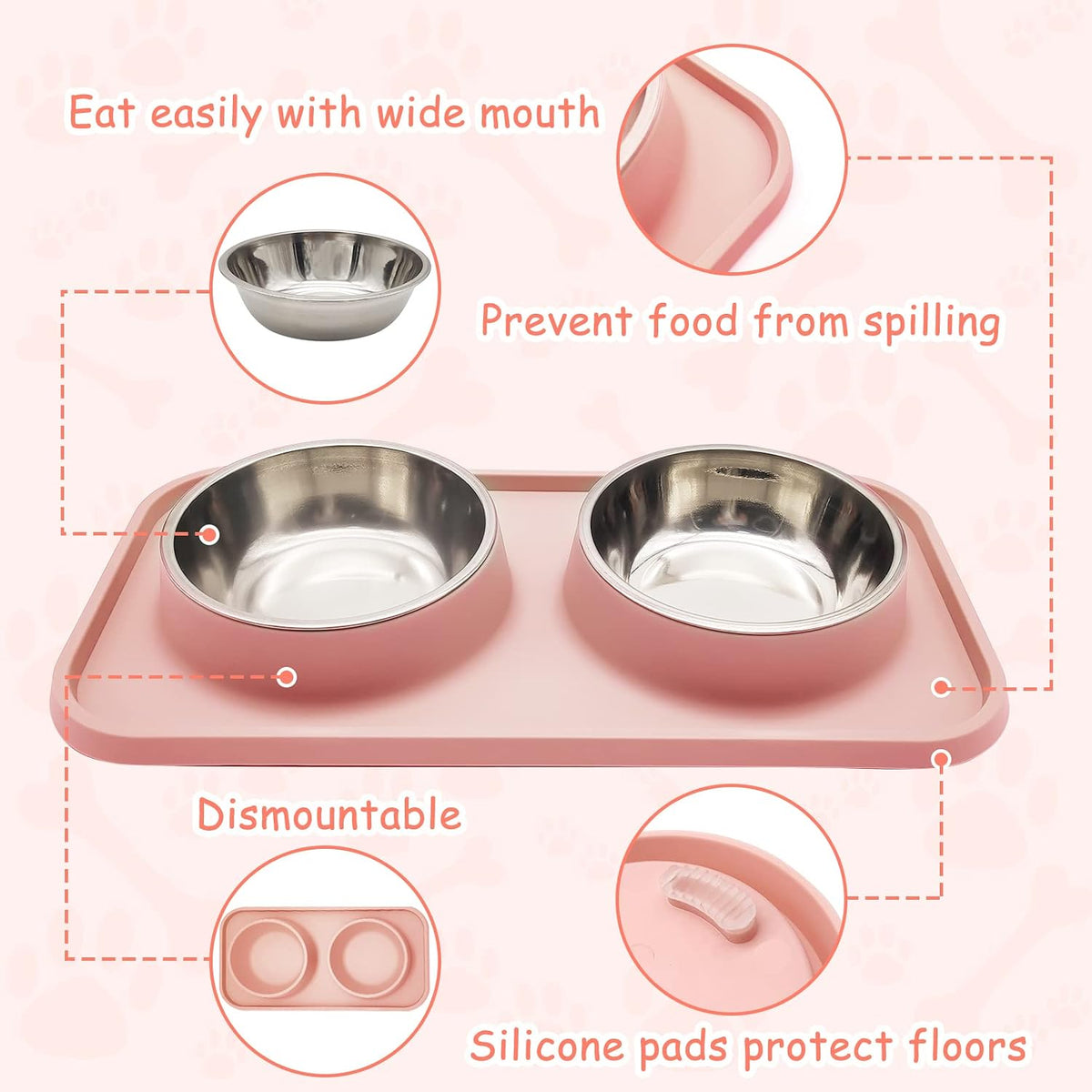 Double Dog Food Bowls Stainless Steel Dog Food and Water Bowls with Non-Spill Plastic Mat Pet Cat Feeder Bowl Set for Puppy Cats Kitten Small Medium Dogs Pink