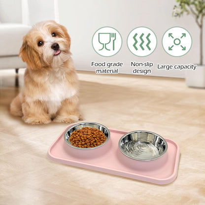 Double Dog Food Bowls Stainless Steel Dog Food and Water Bowls with Non-Spill Plastic Mat Pet Cat Feeder Bowl Set for Puppy Cats Kitten Small Medium Dogs Pink