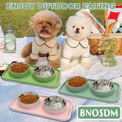 Double Dog Food Bowls Stainless Steel Dog Food and Water Bowls with Non-Spill Plastic Mat Pet Cat Feeder Bowl Set for Puppy Cats Kitten Small Medium Dogs Pink