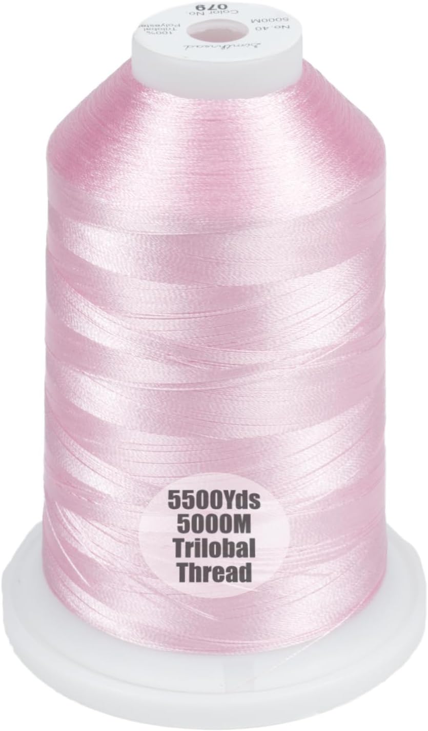5500Yds/5000M 40WT Polyester Embroidery Thread Salmon Pink 079 | Large 5000M spool with thread lock base feeds smoothly for stable 40WT polyester stitching on home and commercial machines.