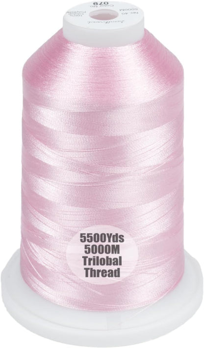 5500Yds/5000M 40WT Polyester Embroidery Thread Salmon Pink 079 | Large 5000M spool with thread lock base feeds smoothly for stable 40WT polyester stitching on home and commercial machines.