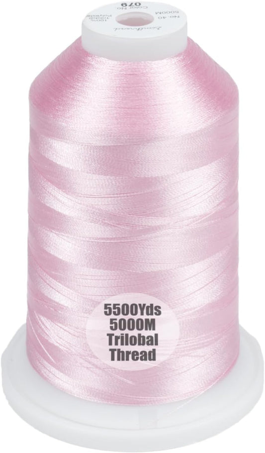 5500Yds/5000M 40WT Polyester Embroidery Thread Salmon Pink 079 | Large 5000M spool with thread lock base feeds smoothly for stable 40WT polyester stitching on home and commercial machines.