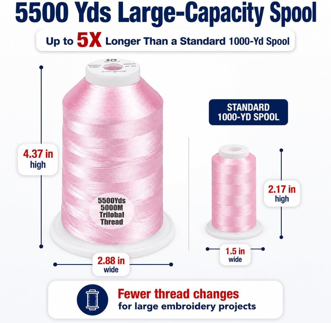 5500Yds/5000M 40WT Polyester Embroidery Thread Salmon Pink 079 | Large 5000M spool with thread lock base feeds smoothly for stable 40WT polyester stitching on home and commercial machines.