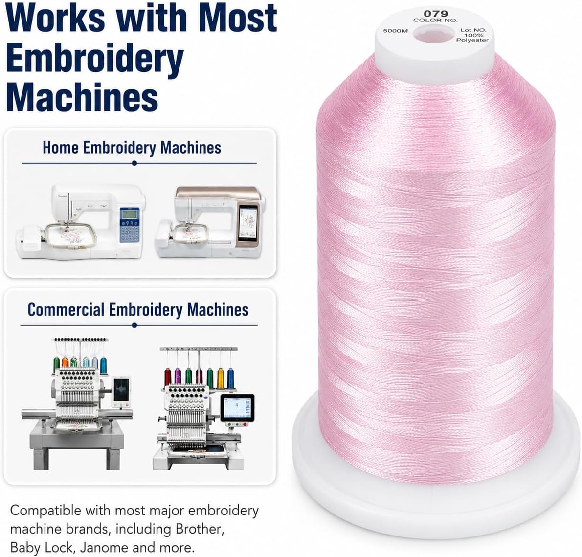 5500Yds/5000M 40WT Polyester Embroidery Thread Salmon Pink 079 | Large 5000M spool with thread lock base feeds smoothly for stable 40WT polyester stitching on home and commercial machines.